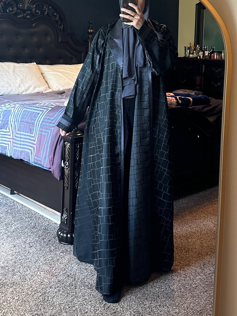 Long Black Patterned Duster abaya